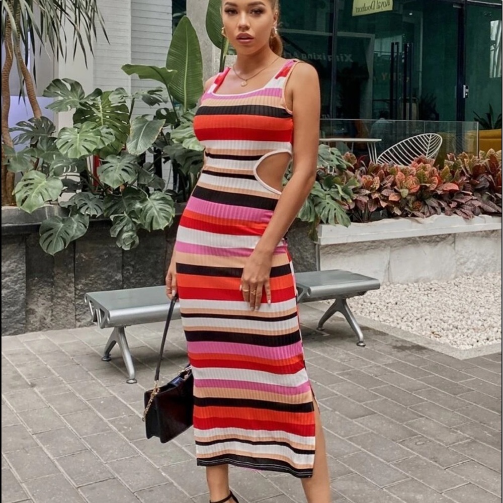 Striped Peekaboo Split Hem Tank Dress-NWT